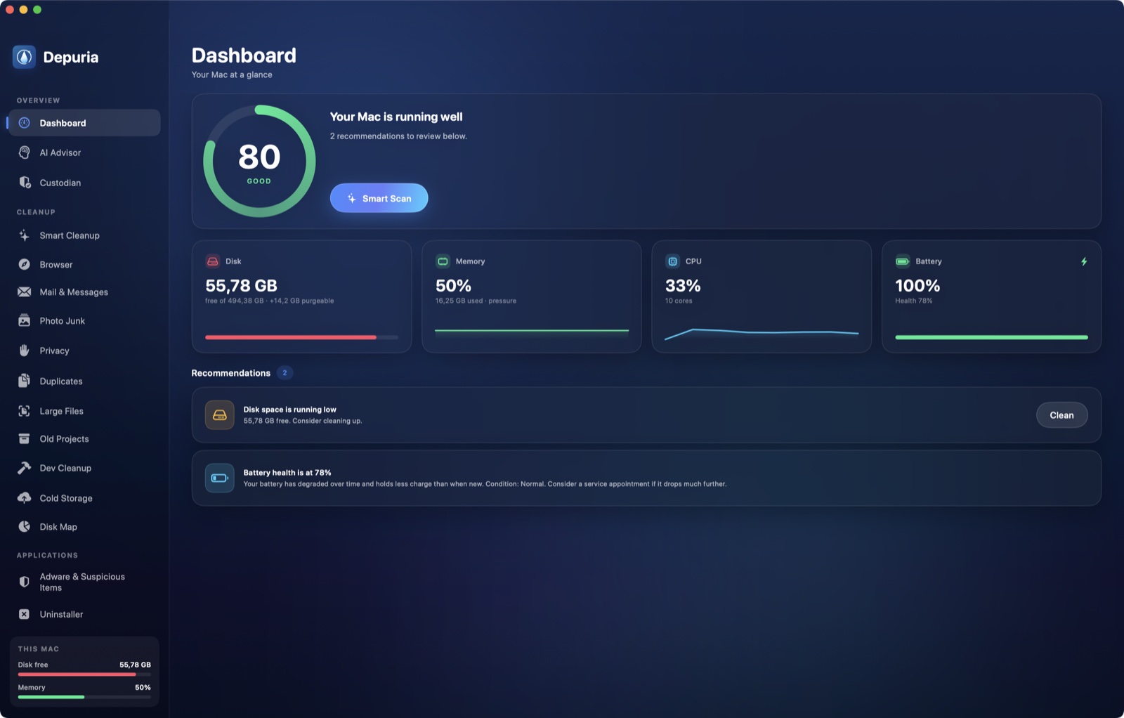 Depuria dashboard: live health score, disk, memory, CPU and battery, with AI recommendations